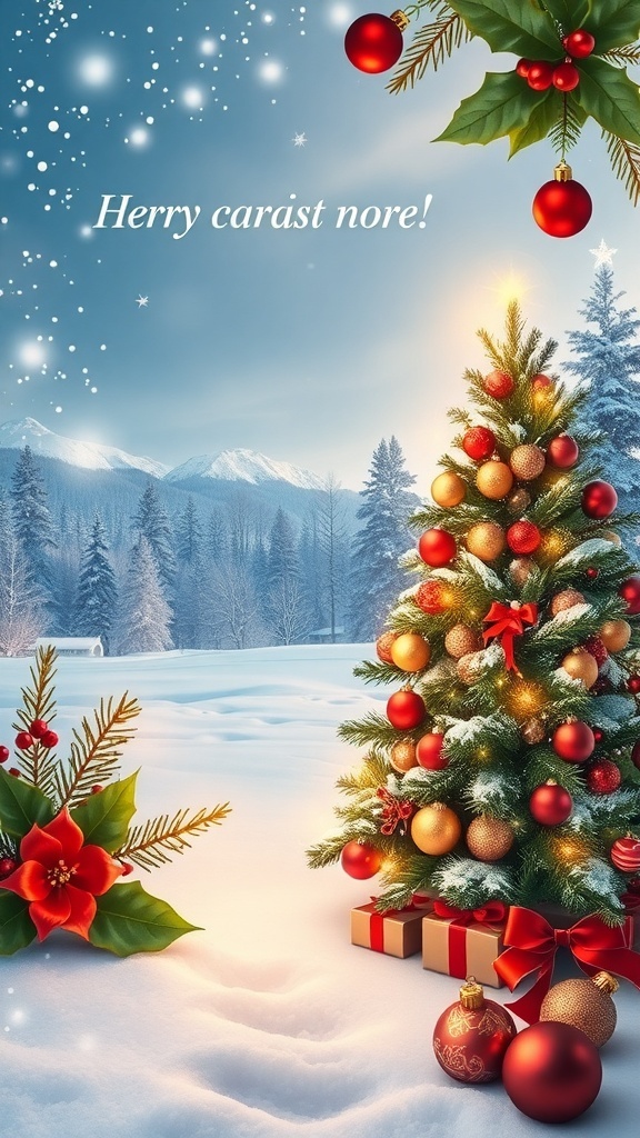 A festive Christmas card template with a snowy scene and a Christmas tree, ready for customization.